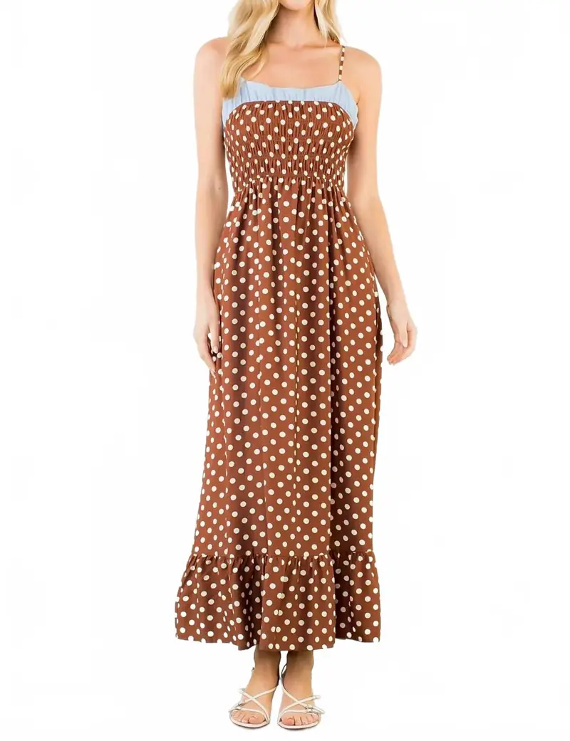 Polka Dot Smocked Maxi Dress In Brown 1