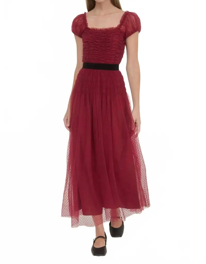 Polka Dot Tulle Shirred Waist Velvet Midi Dress In Crimson 1