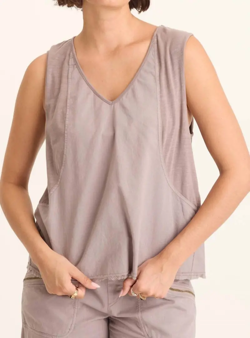 Poppy Seed Mazie Linen Jersey V-Neck Tank Top In Subtle Brown Grey 1