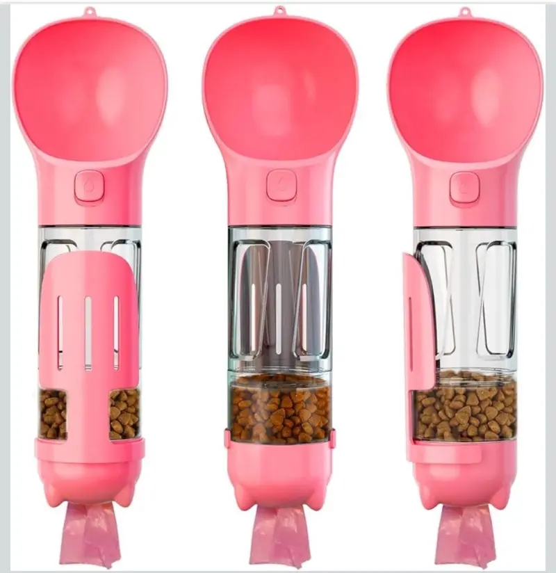 Portable 4-In-1 Pet Water Bottle With Food Storage, Poop Bag Dispenser, And Spoon. 300Ml Capacity. Available In Yellow, Pink, Green, And Other Colors. 1