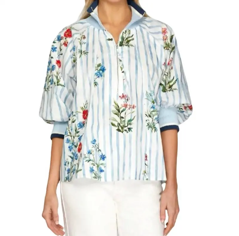 Printed Half Zip Top In Light Blue 1