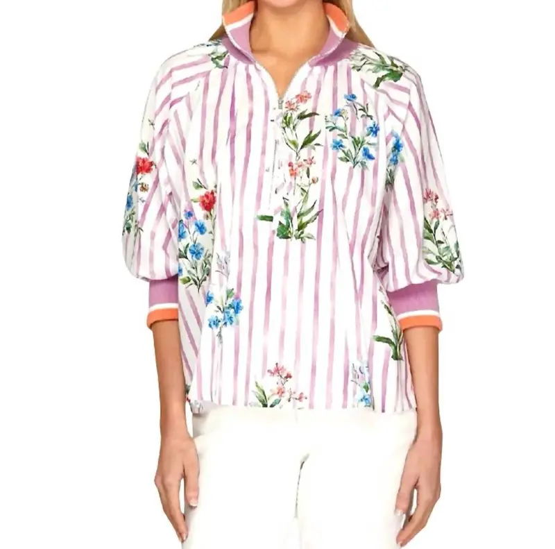 Printed Half Zip Top In Violet Multi 1