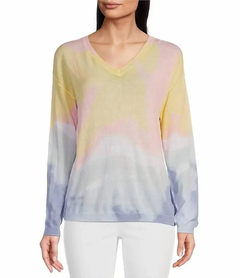 Printed Light Cotton V-Neck Sweater In Tye Dye 1
