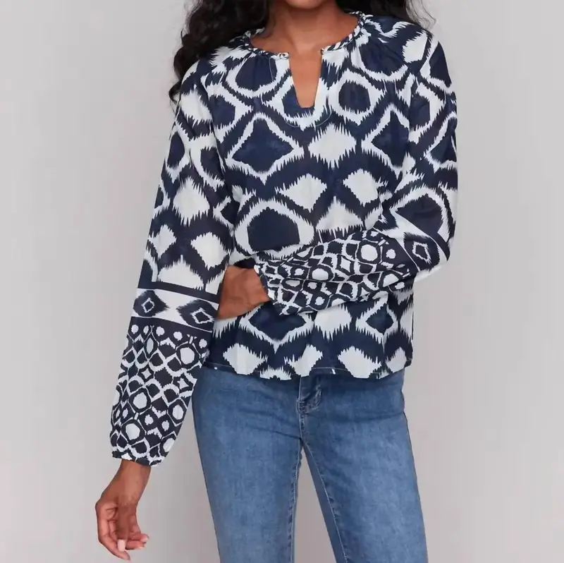 Printed Raglan Long Sleeve Popover Blouse In Navy & Cream 1