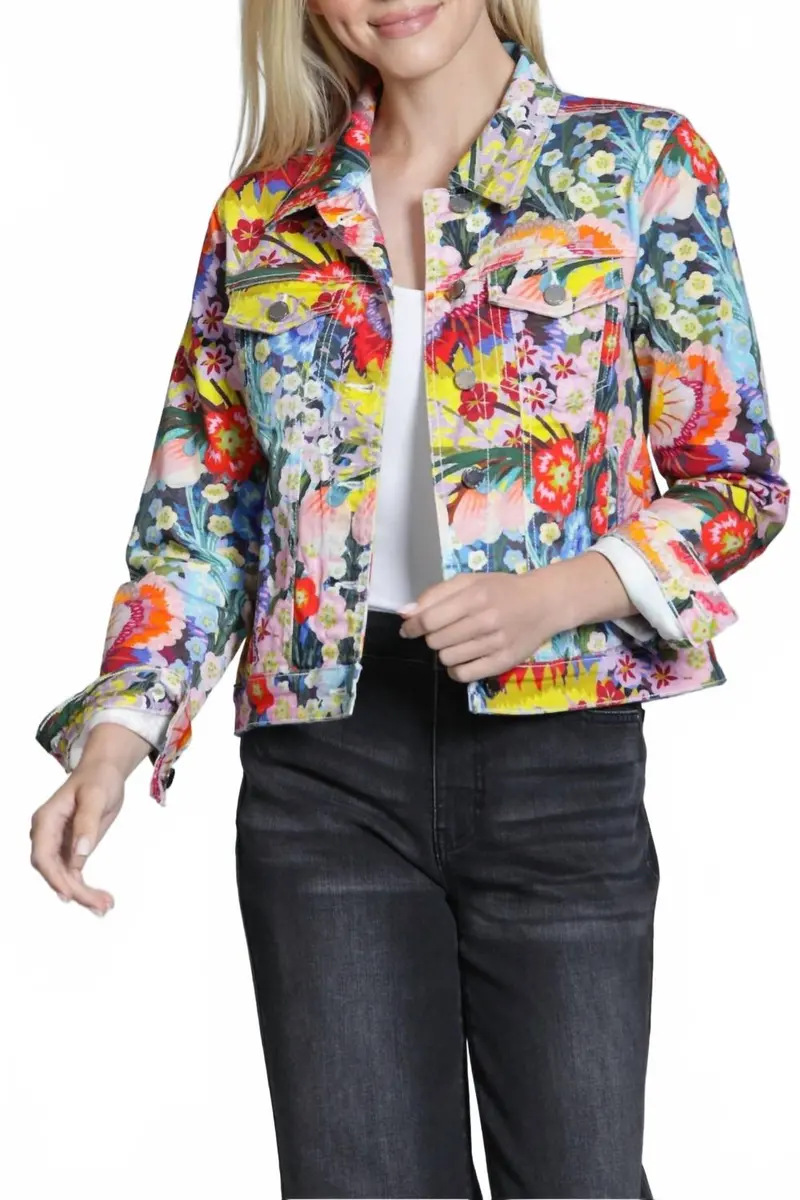 Printed Stretch Denim Trucker Jacket In Painted Meadow 1