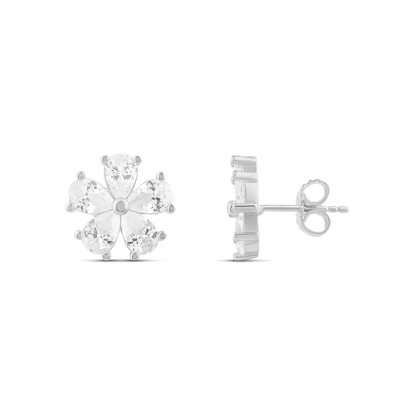 Prong-Set Flower Stud Earrings — .925 Sterling Silver, Rhodium Plated, Cubic Zirconia Detailing, Lightweight, Day To Night 1