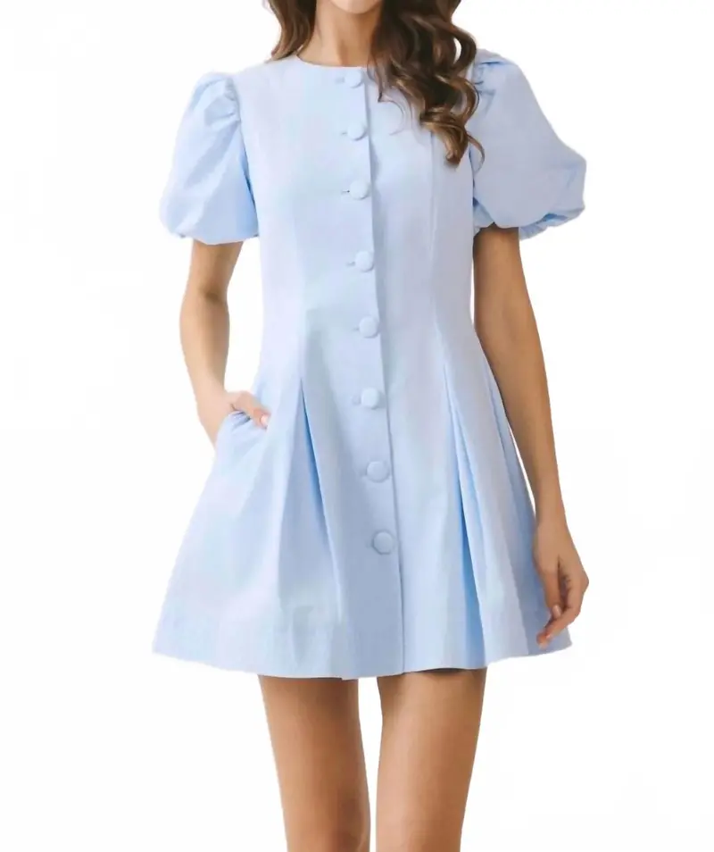 Puff Sleeve Button Dress In Baby Blue 1