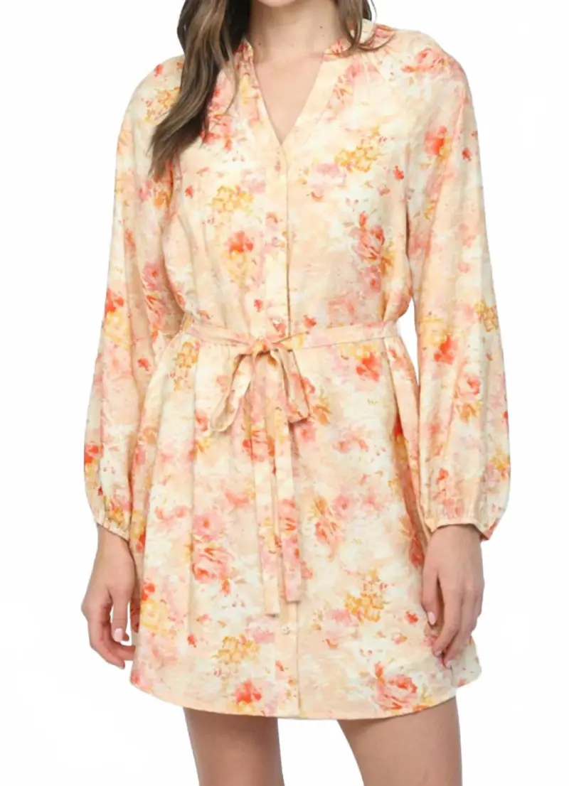 Raglan Sleeves Button Down Mini Dress In Peach Multi 1