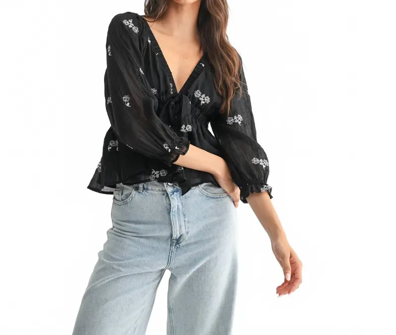 Raina Embroidered Tie Detail Blouse In Black 1