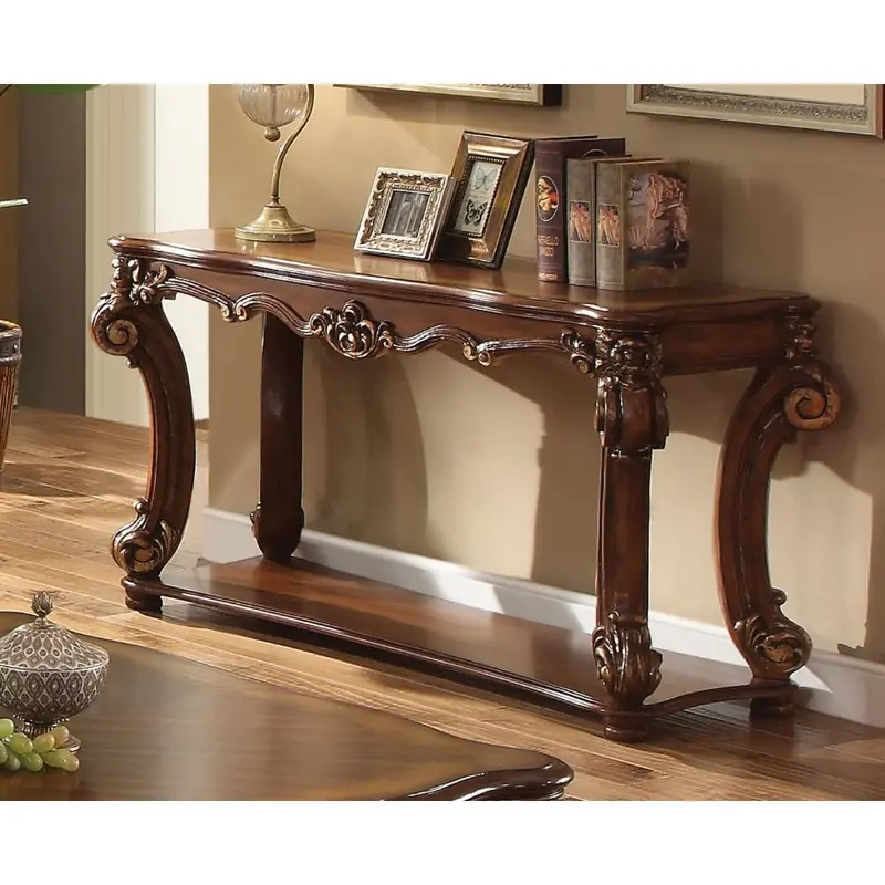 Rectangular Sofa Table With Scrolled Leg And Bottom Shelf, Cherry Brown 1