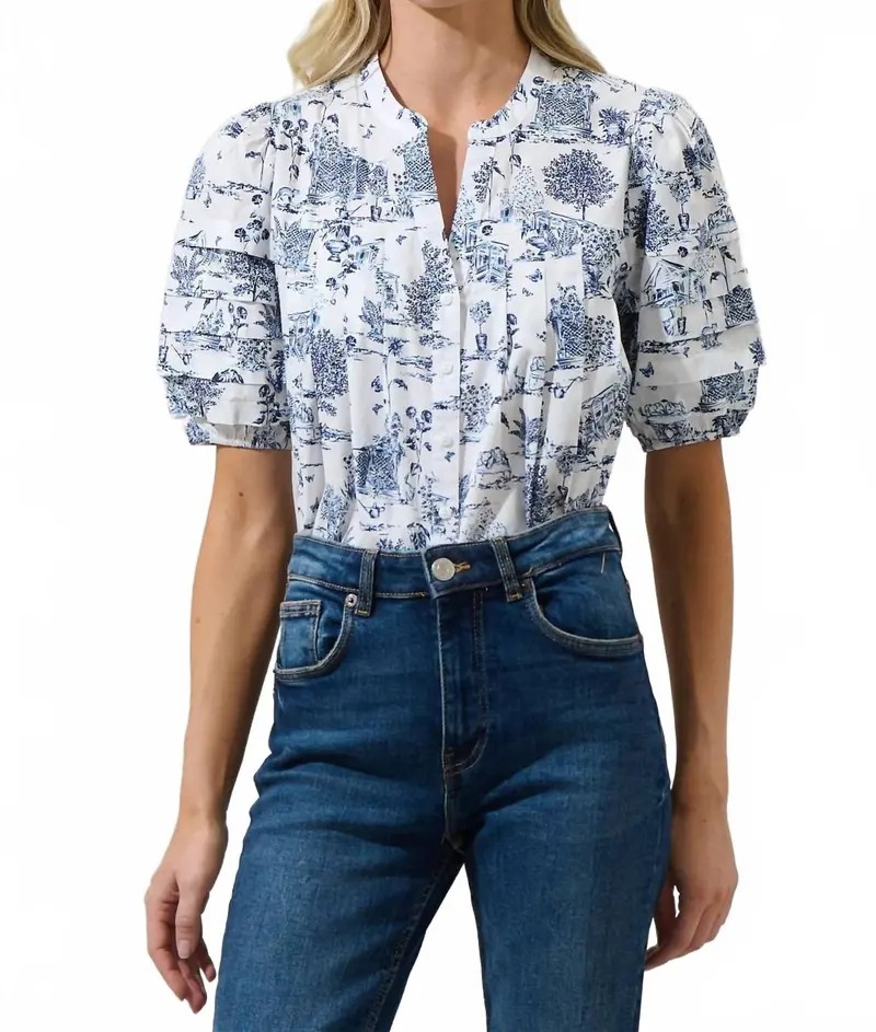 Renzo Toile Court Button Down Top In Blue 1