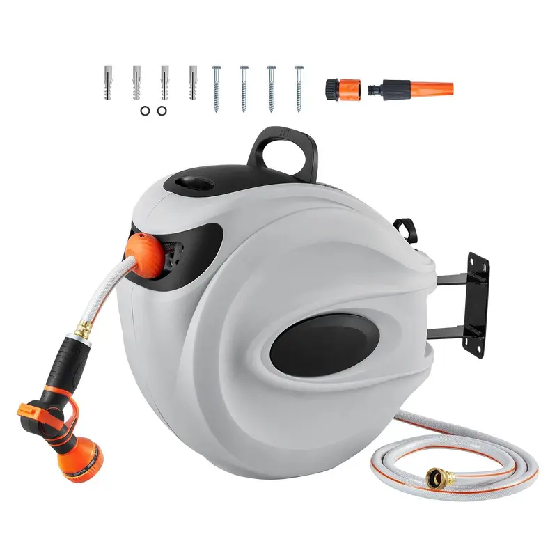 Retractable Hose Reel, 130 Ft X 1/2 Inch, 180° Swivel Bracket Wall-Mounted, Garden Water Hose Reel With 9-Pattern Nozzle, Automatic Rewind, Lock At Any Length, And Slow Return System 1