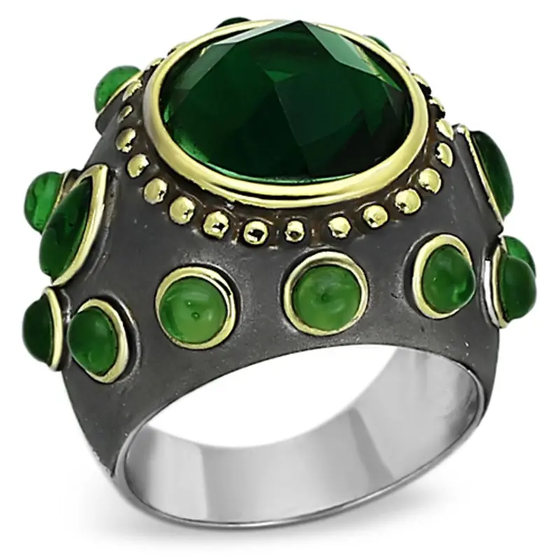 Reverse Two-Tone Brass Ring With Synthetic Synthetic Glass In Emerald 1