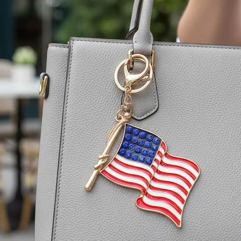Rhinestone Accent American Usa Flag Keychain Bag Charm 2