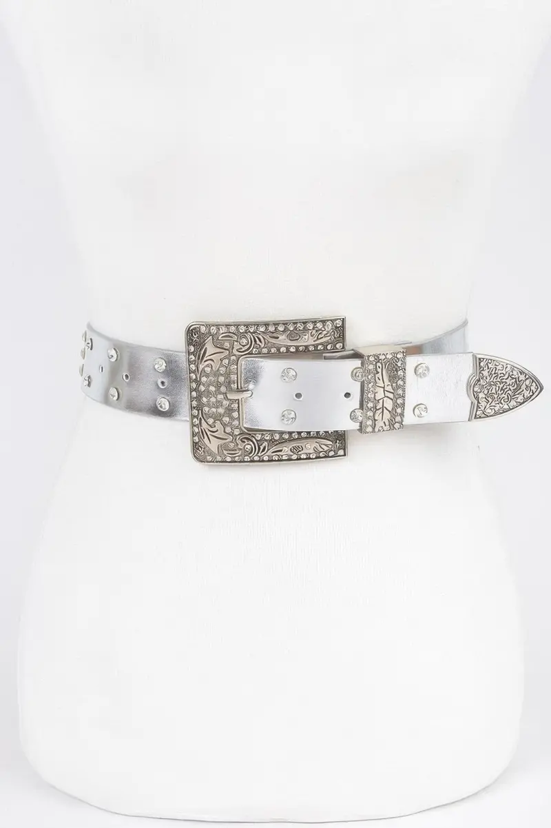 Rhinestone Buckle Metallic Belt W/Stones 1