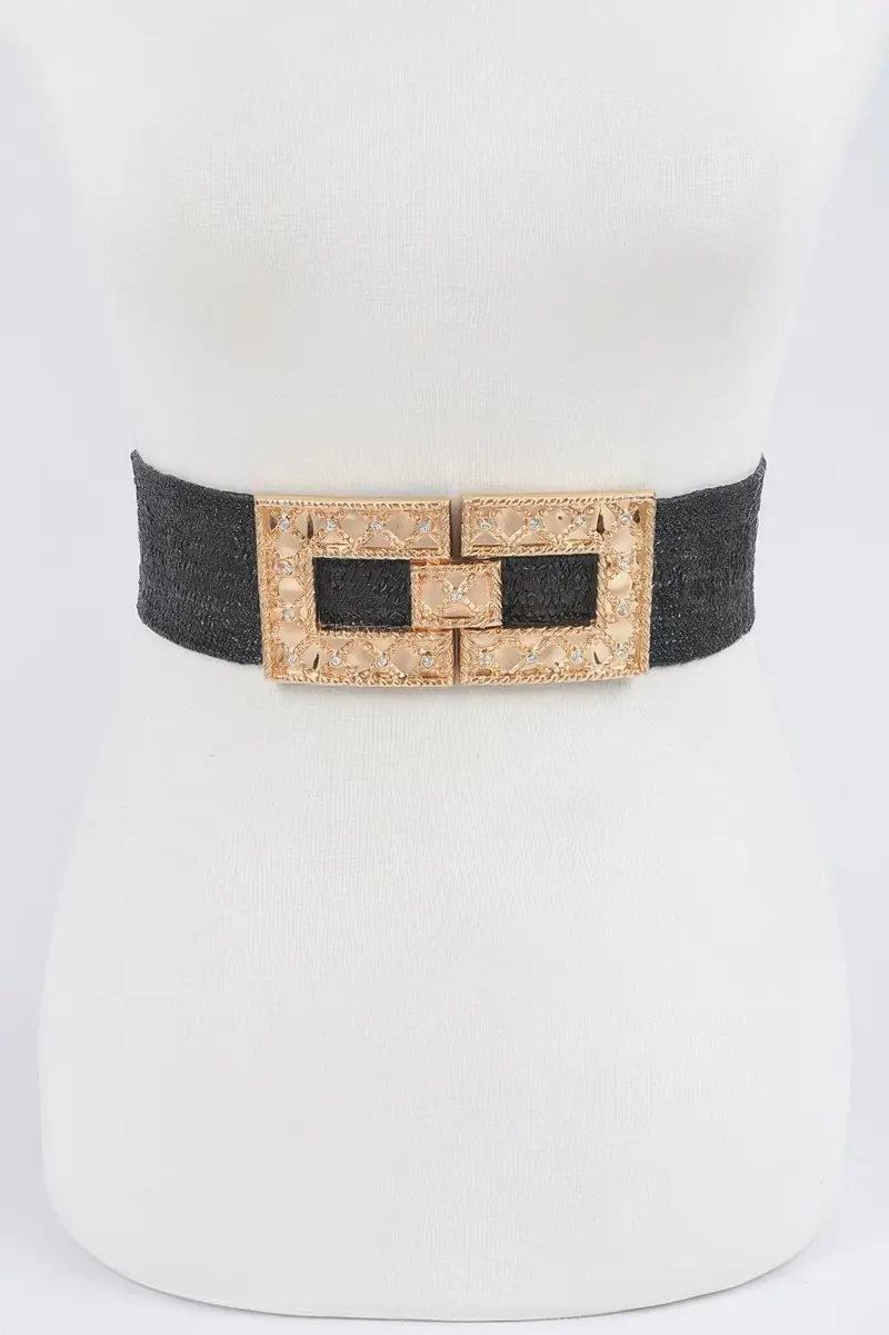 Rhinestone Buckle Stretch Straw Belt 1
