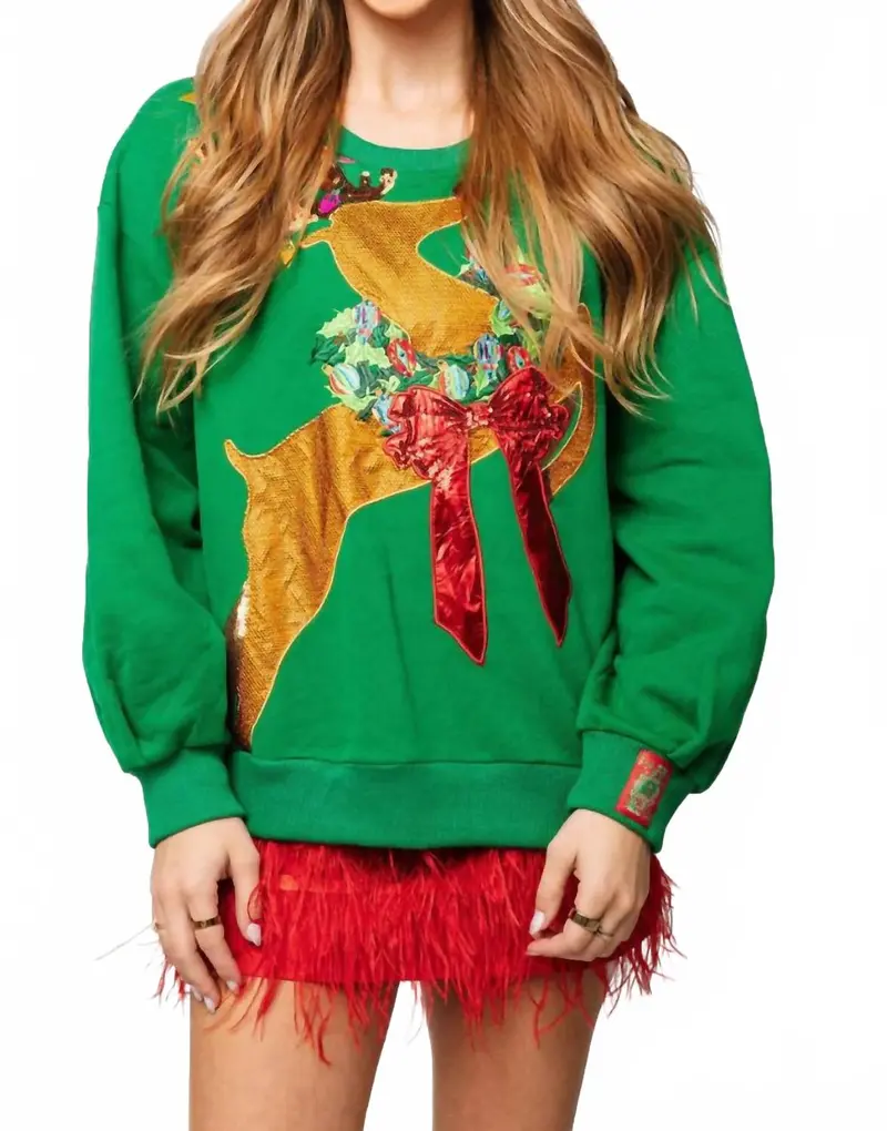 Rhinestone Rudolph Sweatshirt In Green 1