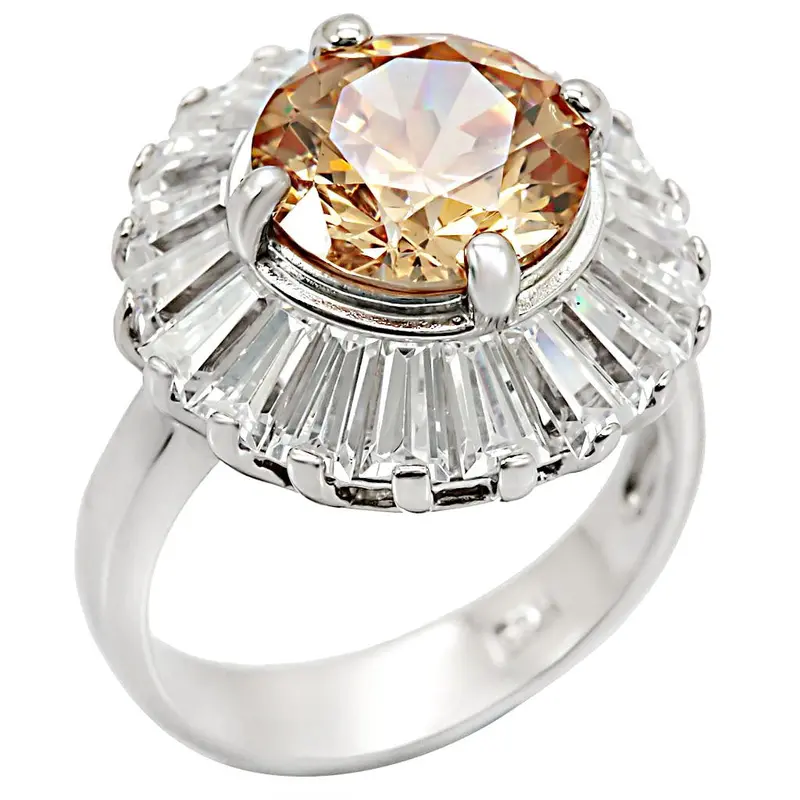 Rhodium 925 Sterling Silver Ring With Aaa Grade Cz In Champagne 1