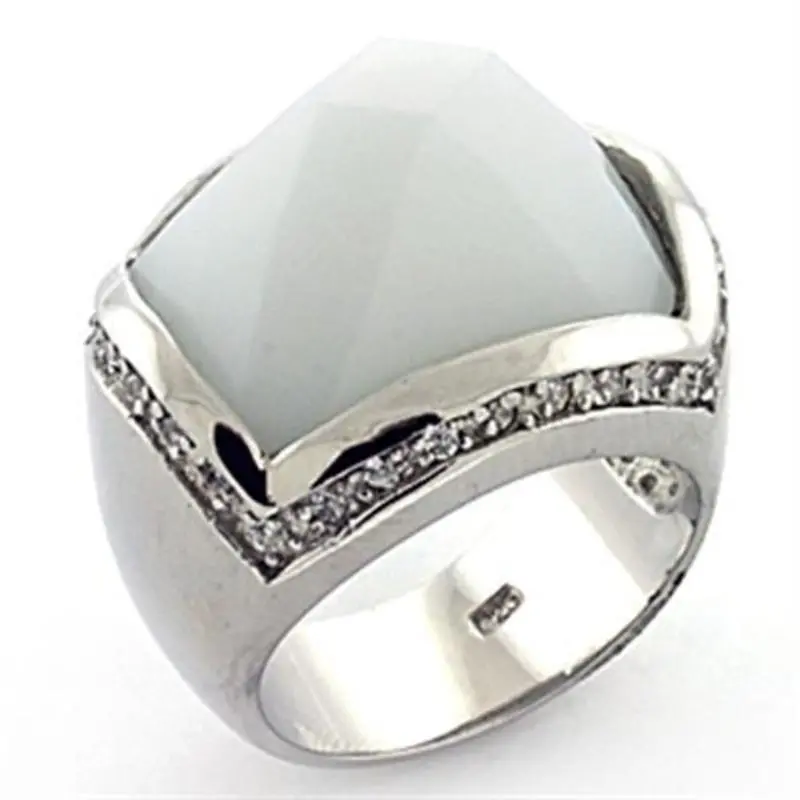 Rhodium 925 Sterling Silver Ring With Synthetic Synthetic Glass In White 1