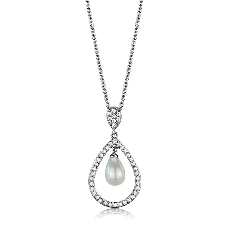 Rhodium Brass Chain Pendant With Synthetic Pearl In White 1