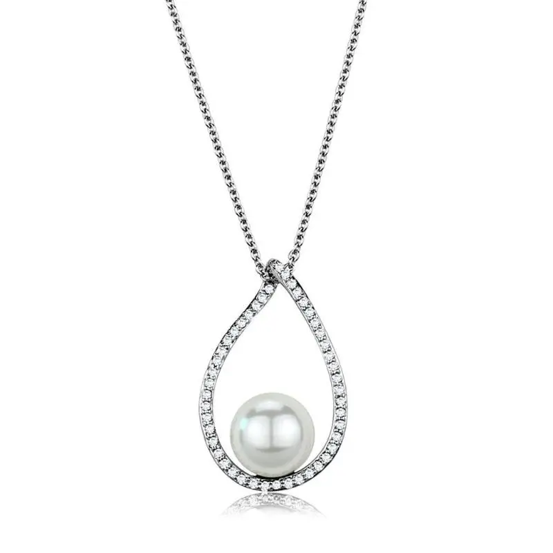 Rhodium Brass Chain Pendant With Synthetic Pearl In White 1
