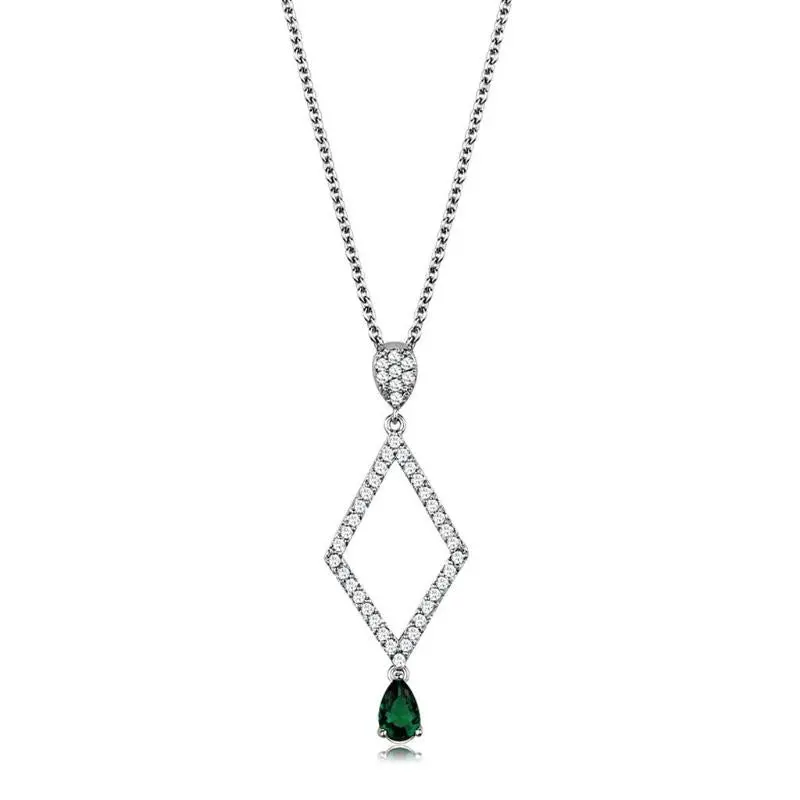 Rhodium Brass Chain Pendant With Synthetic Synthetic Glass In Emerald 1