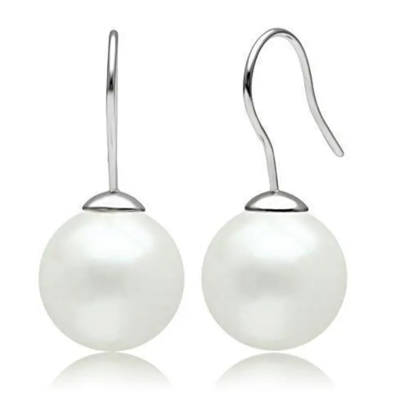 Rhodium Brass Earrings With Synthetic Pearl In White 1