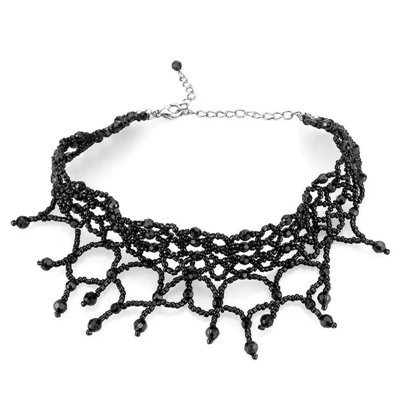 Rhodium Brass Necklace With Synthetic Synthetic Glass In Jet 1
