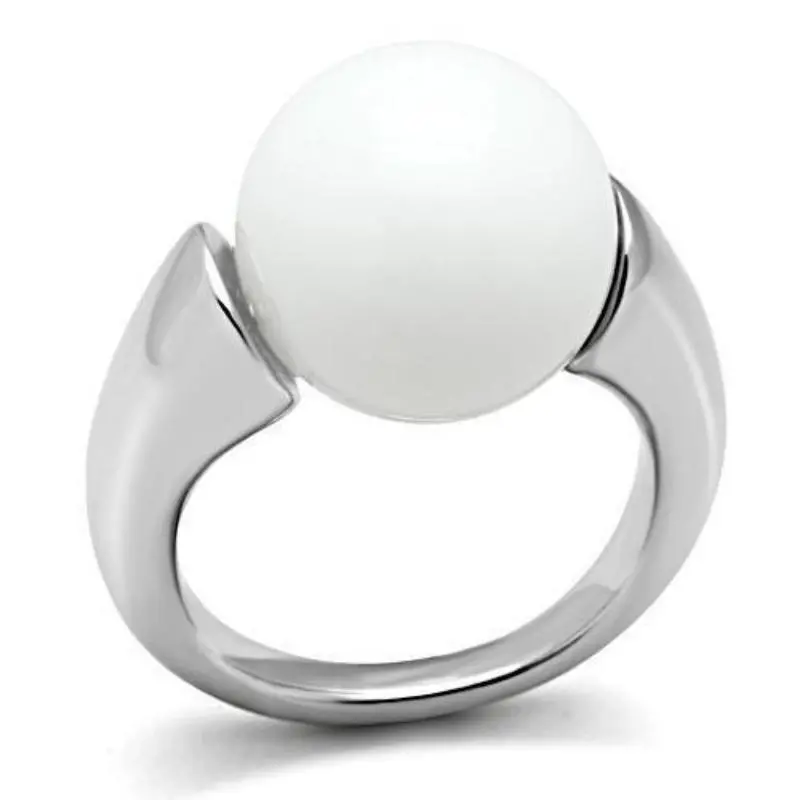 Rhodium Brass Ring With Synthetic Glass Bead In White 1
