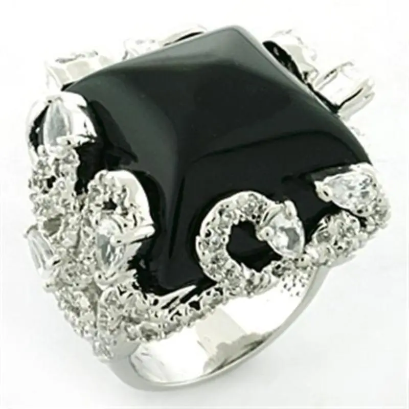 Rhodium Brass Ring With Synthetic Onyx In Jet 1