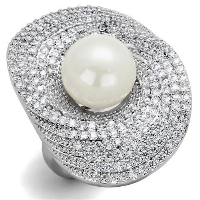 Rhodium Brass Ring With Synthetic Pearl In White 1