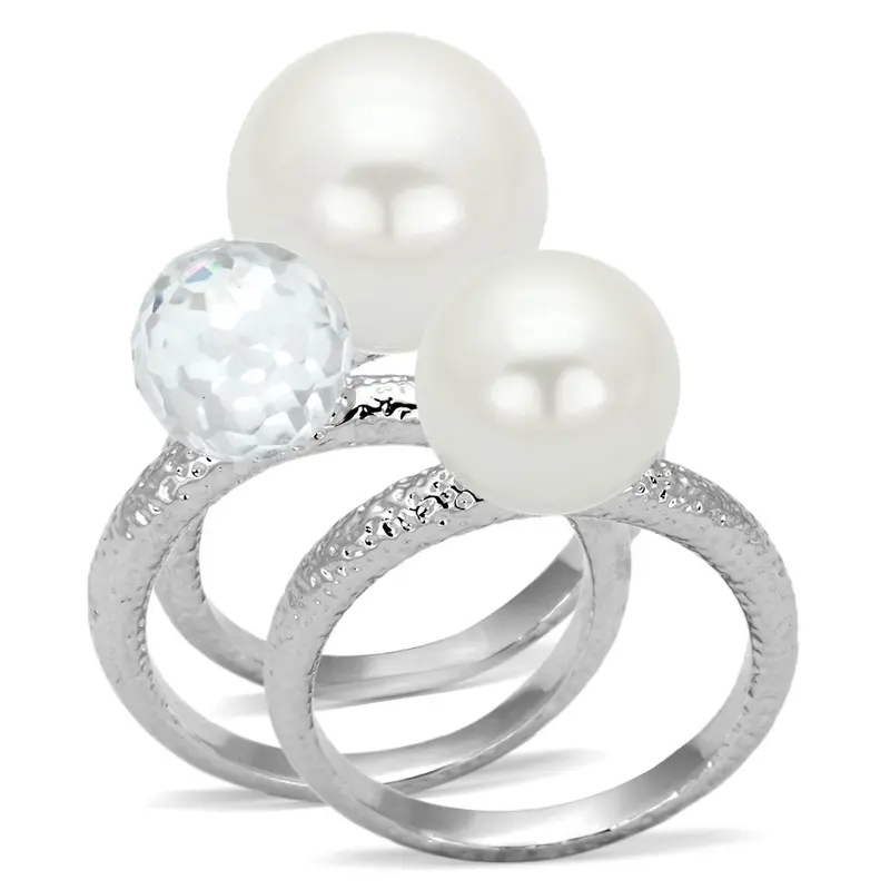 Rhodium Brass Ring With Synthetic Pearl In White 1