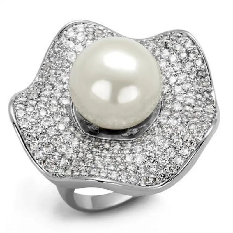 Rhodium Brass Ring With Synthetic Pearl In White 1