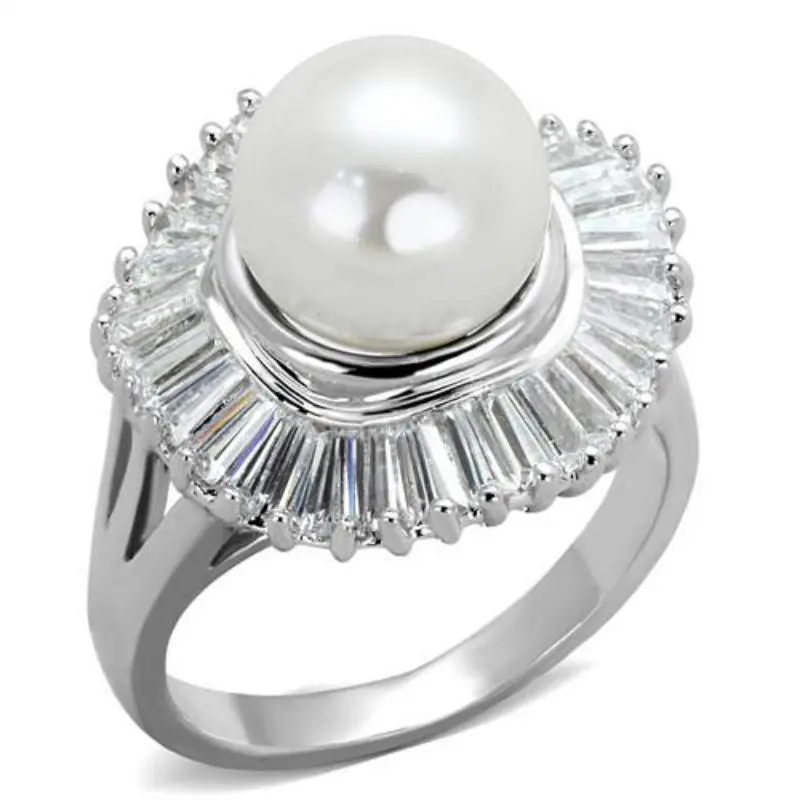 Rhodium Brass Ring With Synthetic Pearl In White 1