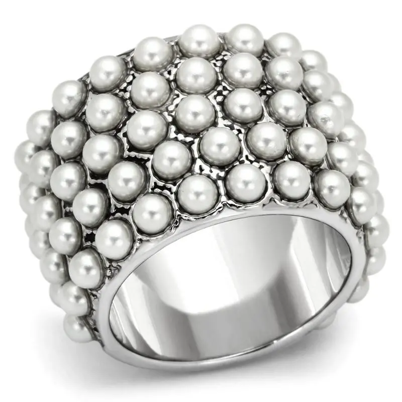 Rhodium Brass Ring With Synthetic Pearl In White 1