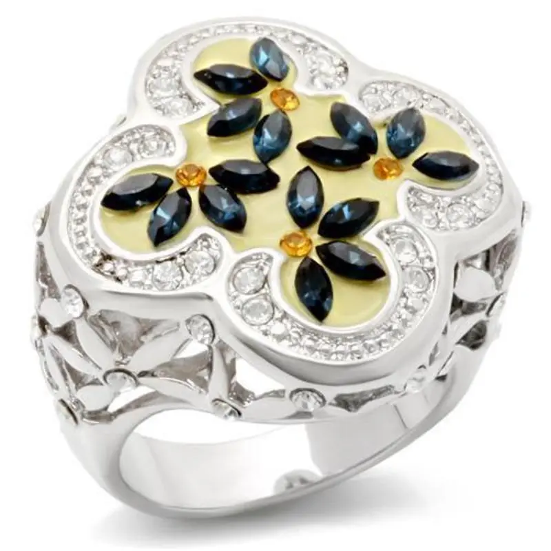 Rhodium Brass Ring With Top Grade Crystal In Multi Color 1