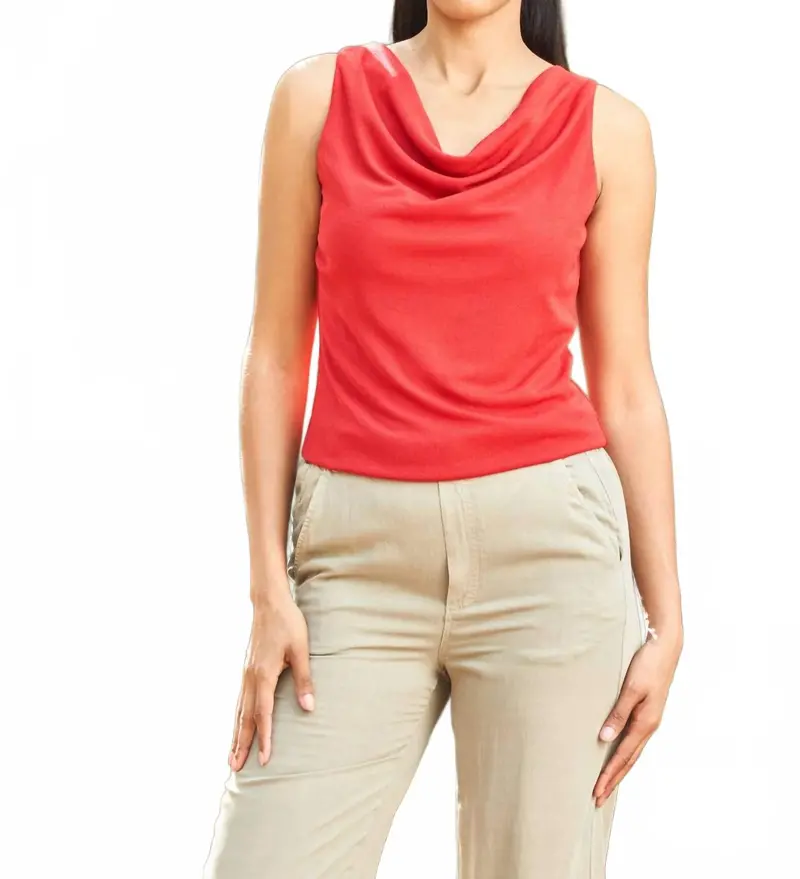 Rib Knit Cowl Neck Solid Tank Top In Red 1