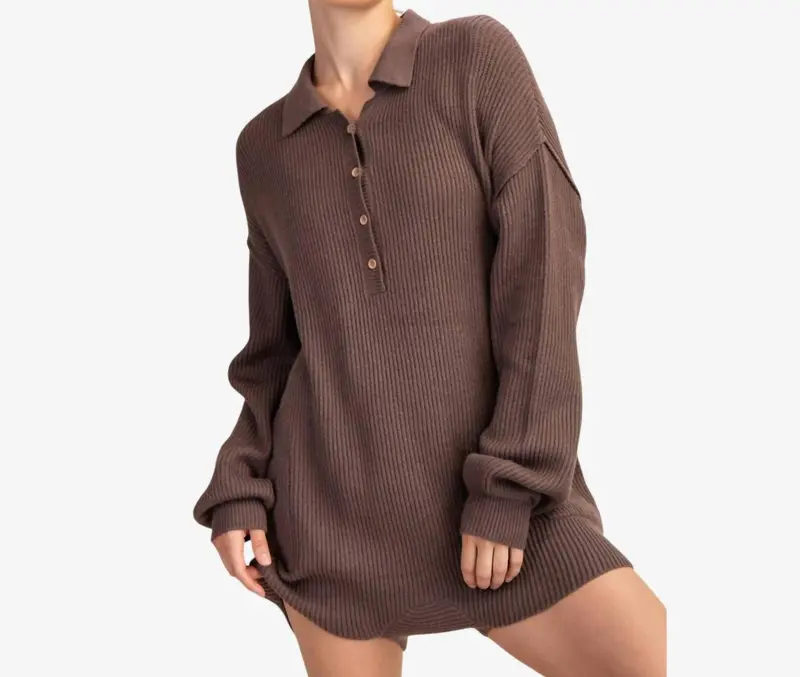Ribbed Knit Sweater Romper In Brown 1
