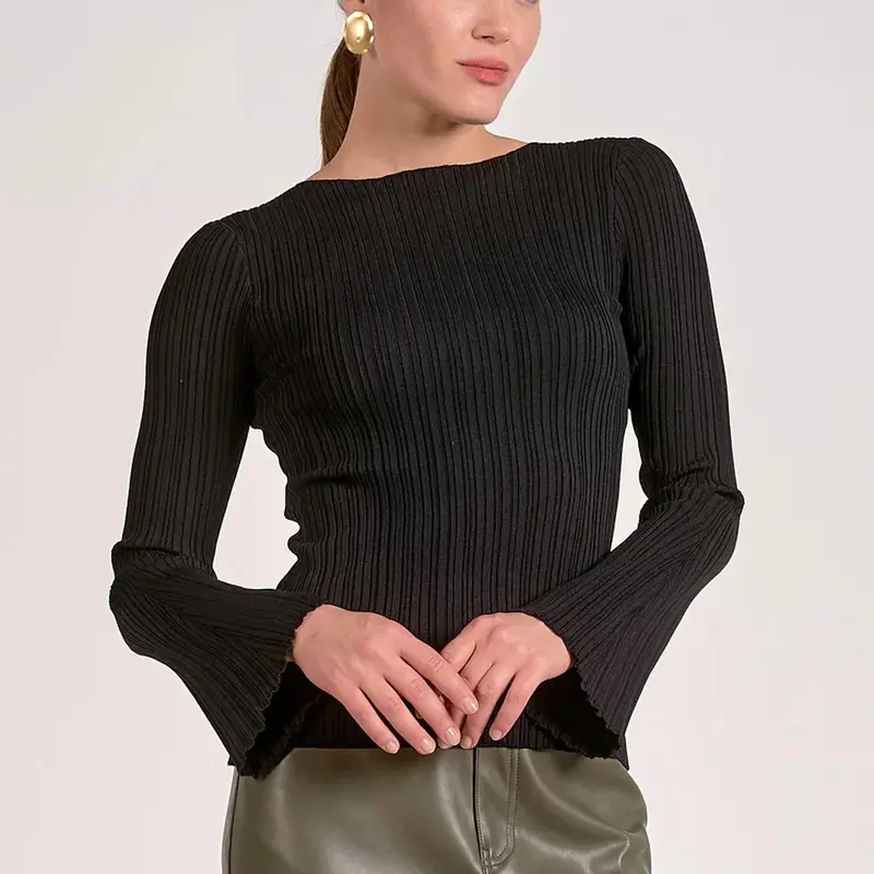 Ribbed Long Sleeve Top In Black 1