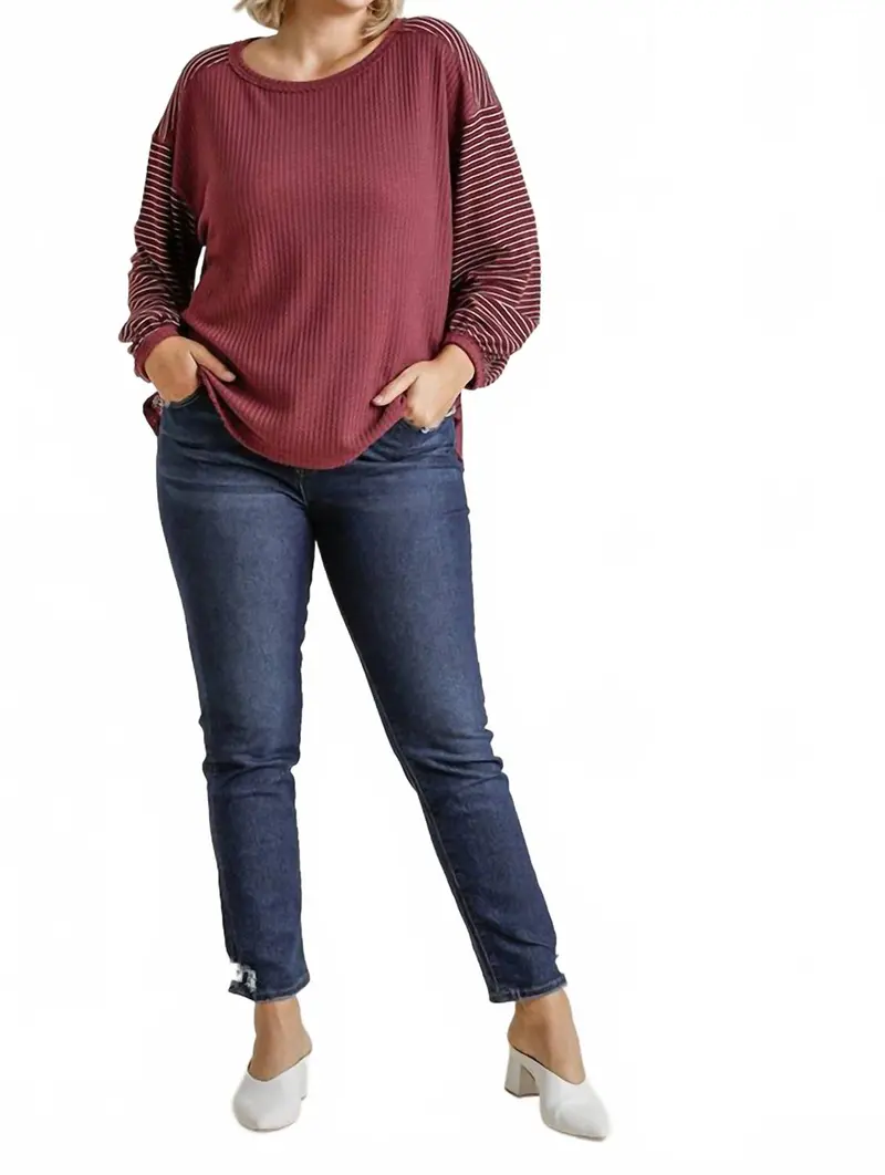 Ribbed Sleeve Top In A Waffle Knit With High Low Hem - Plus In Berry Striped 1