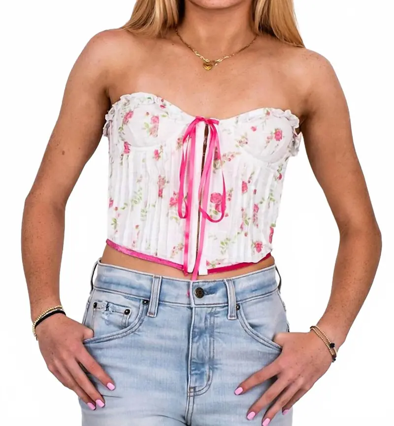 Ribbon Corset Top In Pink Garden Floral 1