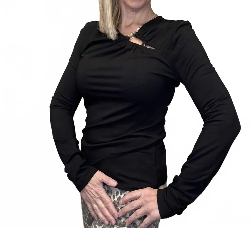 Ring Detail Long Sleeve Top In Black 1