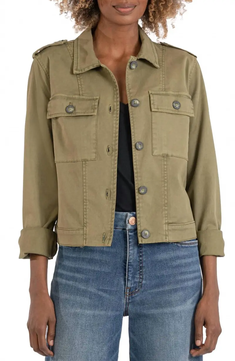 Rosalyn Twill Trucker Jacket With Flap Pockets In Olive 1