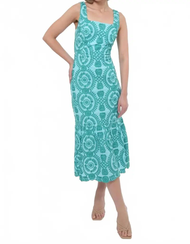 Rose Cotton Eyelet Embroidered Midi Dress In Blue/Green 1