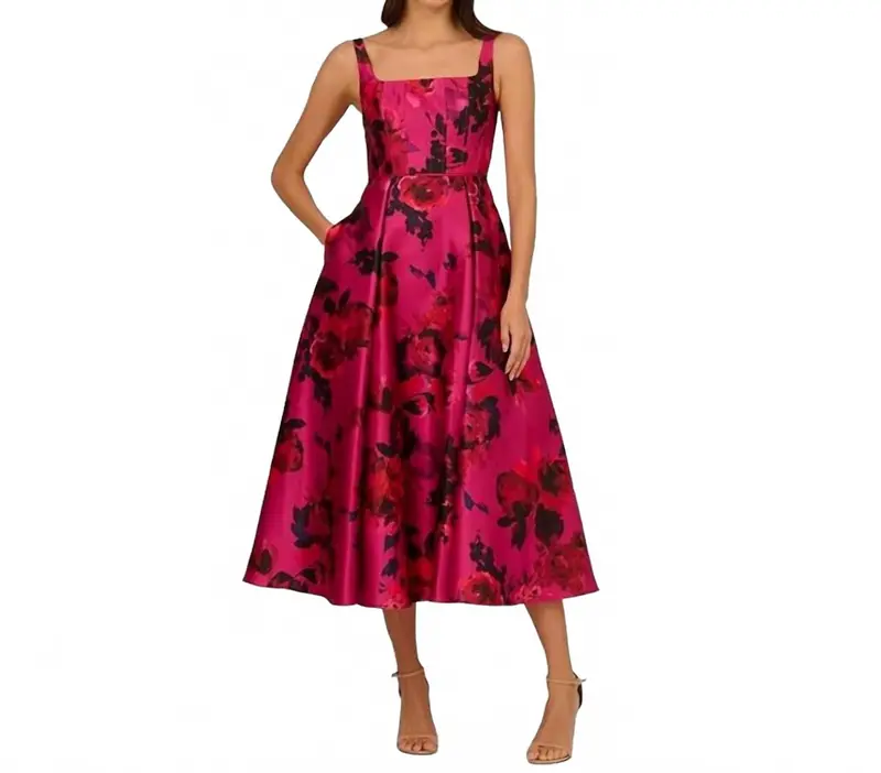 Rose Jacquard Thin Strap Square Neck Midi Dress In Pink 1