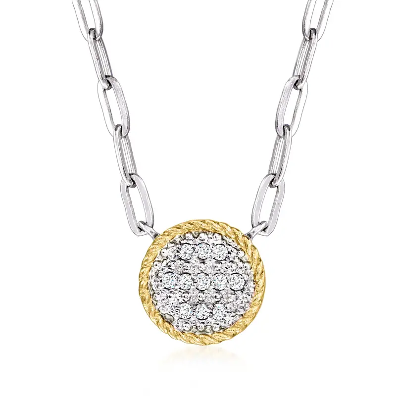 Ross-Simons Diamond Roped-Edge Circle Paper Clip Link Necklace In Sterling Silver And 14Kt Yellow Gold 1