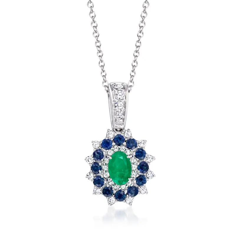 Ross-Simons Emerald And . Sapphire Pendant Necklace With . Diamonds In 14Kt White Gold 1