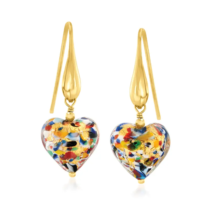 Ross-Simons Italian Murano Glass Multicolored Heart Drop Earrings In 18Kt Gold Over Sterling For Women 1