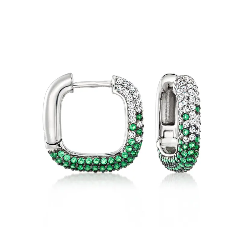 Ross-Simons Italian . Simulated Emerald And . Cz Square Hoop Earrings In Sterling Silver 1
