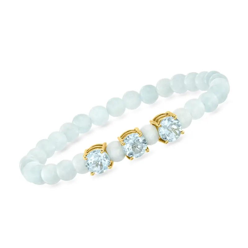 Ross-Simons Milky Aquamarine Bead Stretch Bracelet With Sky Blue Topaz In 18Kt Gold Over Sterling 1